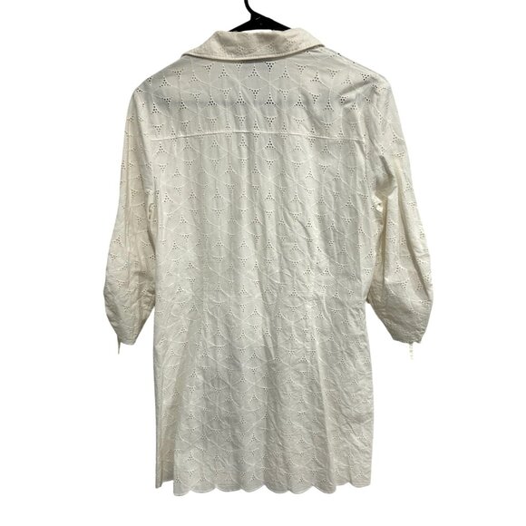 Susan Graver White Eyelet Button Down Shirt Ruched Sleeves Scalloped Hem Sz M - Picture 2 of 8